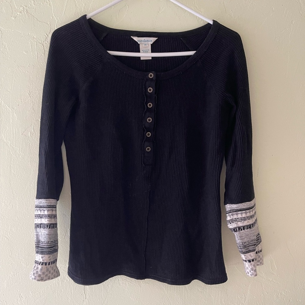 Sundance Black and White Henley Long Sleeve  waffle cotton  Top